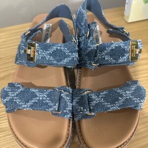 Steve Madden Big Mona Denim Sandals with Gold Buckles